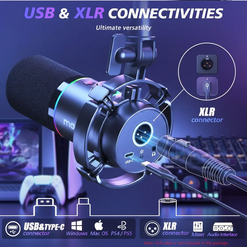 Micrófono Dinámico Maono PD200XS USB y XLR con Brazo Articulado y RGB