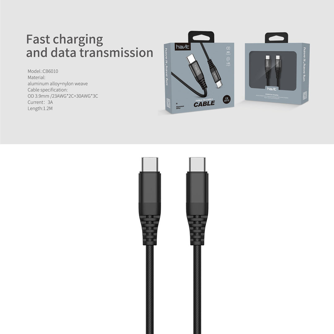 Cable Havit USB-C a USB-C 1.2 m para Carga y Datos