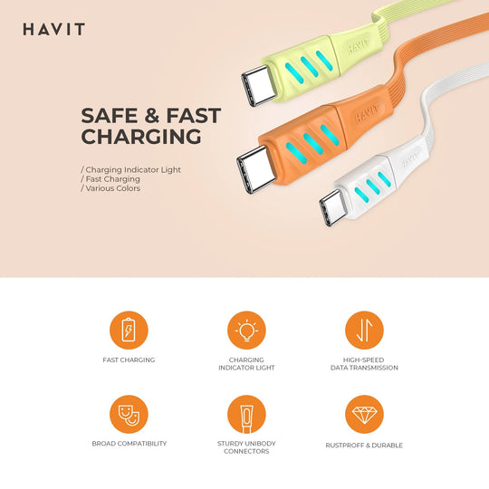 Cable Havit CB6255 USB-C a Lightning Carga Rápida 30W con LED – Naranja