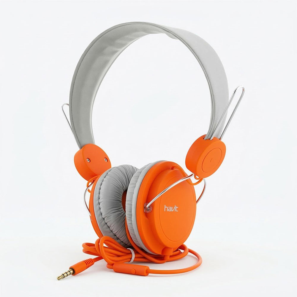 Auricular Havit Cableado con Vincha y Micrófono – Gris y Naranja