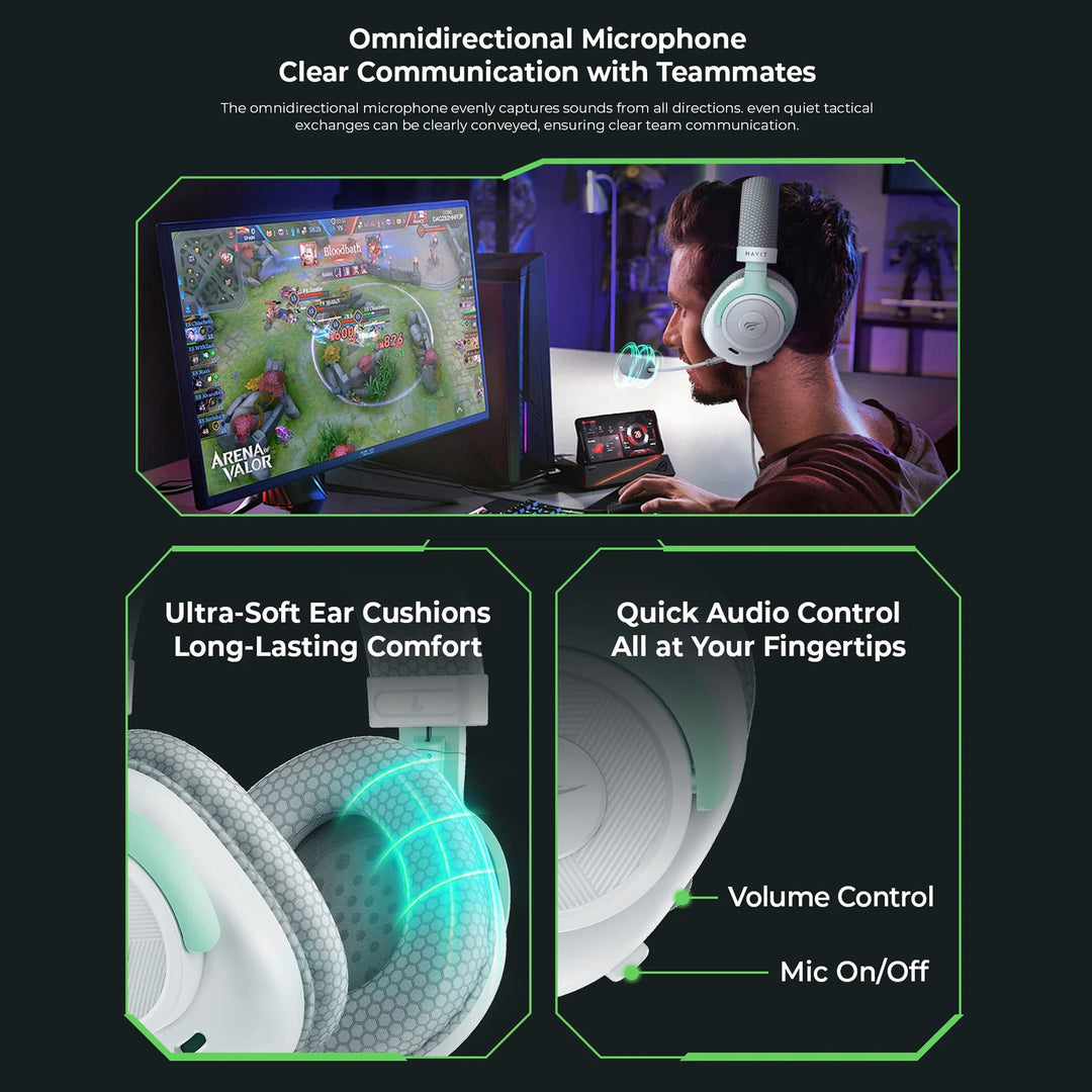 Auriculares Gamer Havit HV-H2230D – Blanco / Gris / Verde Agua