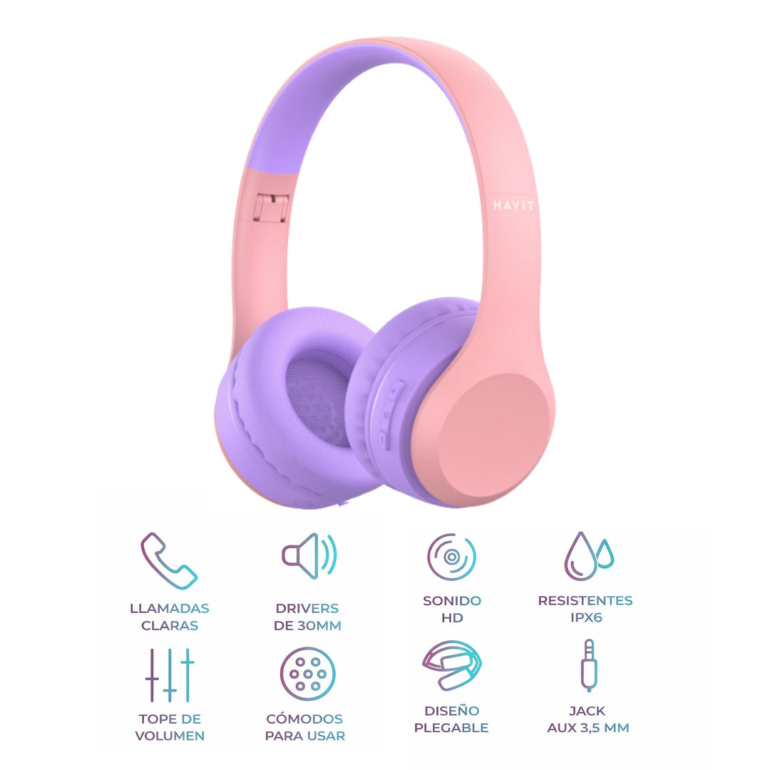 Auriculares Infantiles Bluetooth Havit H626BT Rosa FM MicroSD IPX6