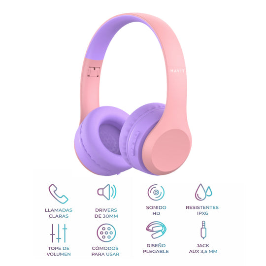 Auriculares Infantiles Bluetooth Havit H626BT Rosa FM MicroSD IPX6
