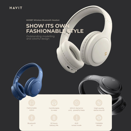 Auriculares Bluetooth Havit H633BT Plegables Blancos 22H