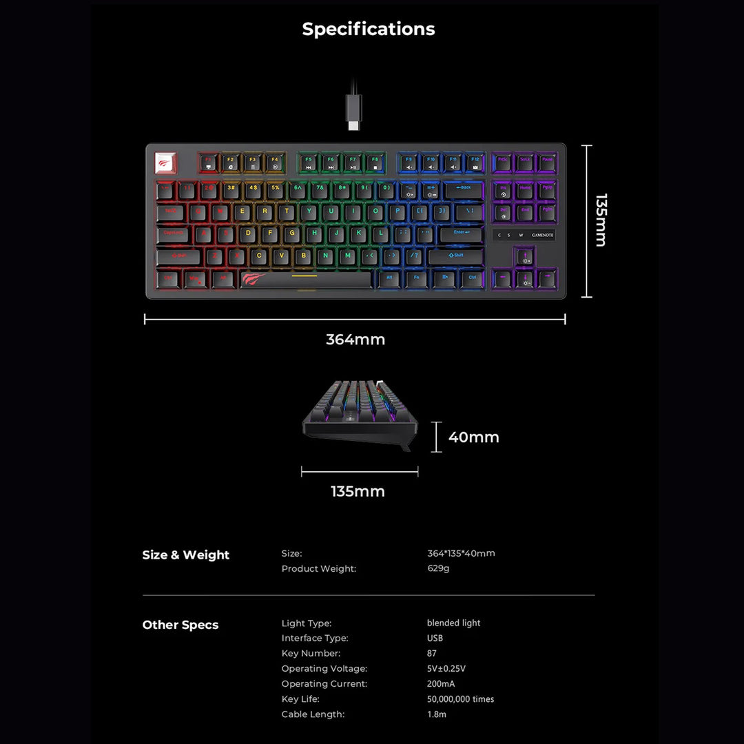 Teclado Mecánico Gamer Havit KB892 RGB 87 Teclas Switch Blue