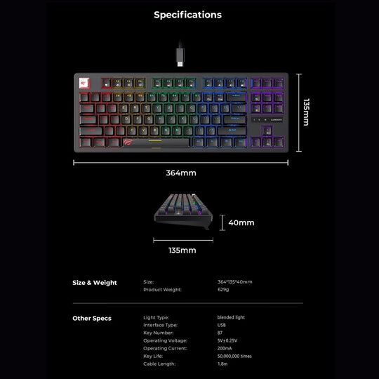 Teclado Mecánico Gamer Havit KB892 RGB 87 Teclas Switch Blue