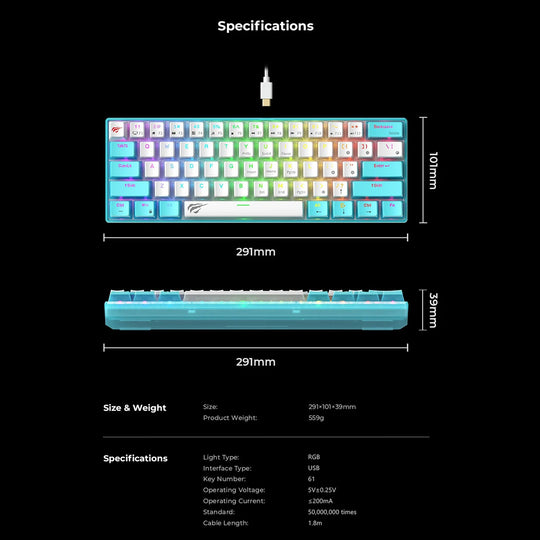 Teclado Mecánico Gamer Havit KB903L 60% Blanco RGB USB-C Compacto