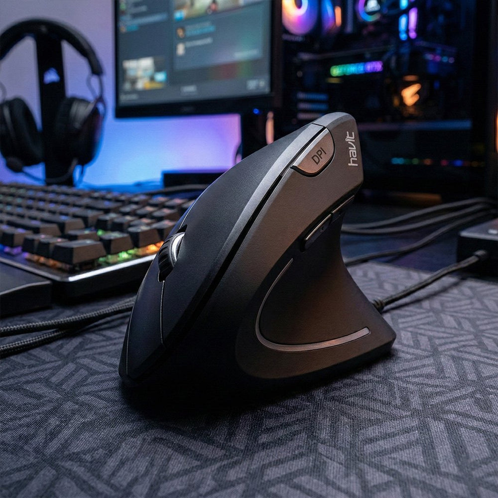 Mouse Havit Inalámbrico Vertical 1600 DPI Ergonómico USB 2.4GHz – Negro