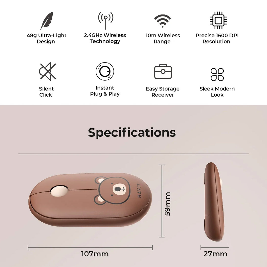 Mouse Inalámbrico Havit MS75GT Infantil Oso Marrón 1600 DPI