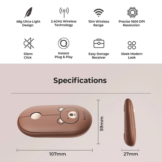 Mouse Inalámbrico Havit MS75GT Infantil Oso Marrón 1600 DPI