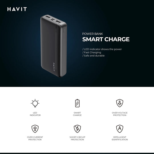 Power Bank Havit PB90 10000mAh Negro con 2 USB y USB-C