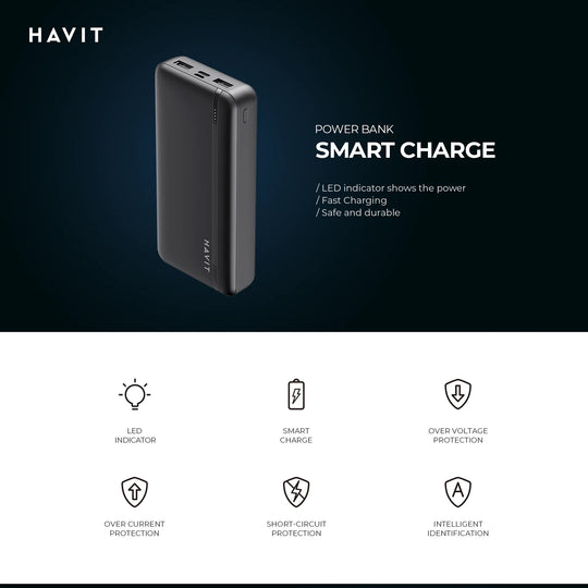 Power Bank Havit PB92 20000 mAh con Carga Rápida PD 20W y 22,5W – Negro