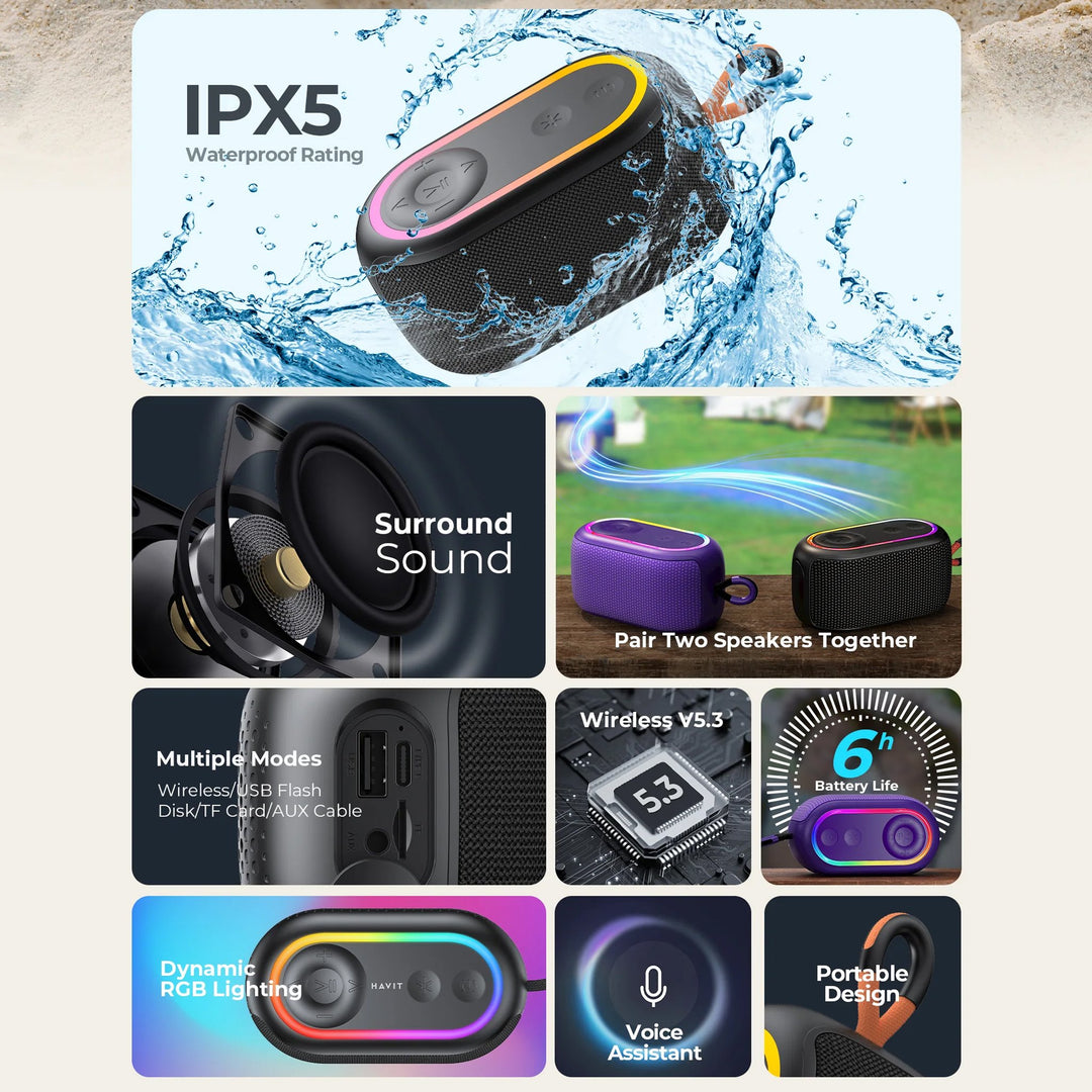 Parlante Bluetooth Havit SK809 7W RGB Waterproof IPX6 Violeta