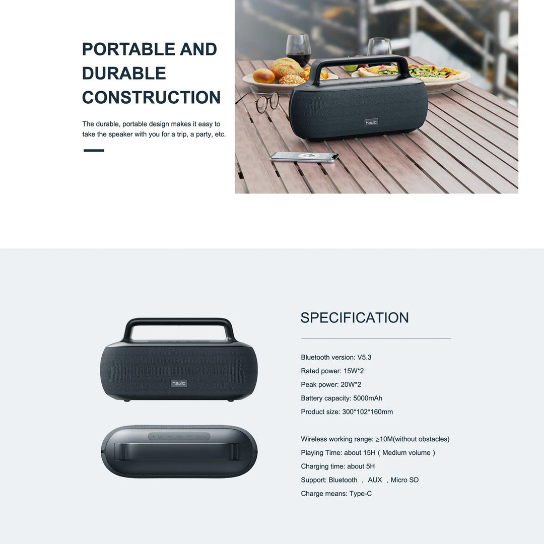 Parlante Bluetooth Havit 30W Portátil IPX7 con FM y USB