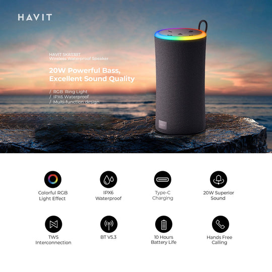 Parlante Bluetooth Havit SK833 RGB 20W Waterproof IPX7