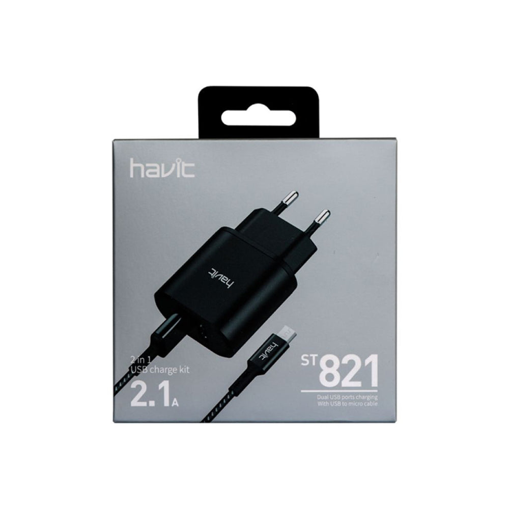 Cargador de Pared Havit Dual USB 2.1A con Cable Micro USB Negro