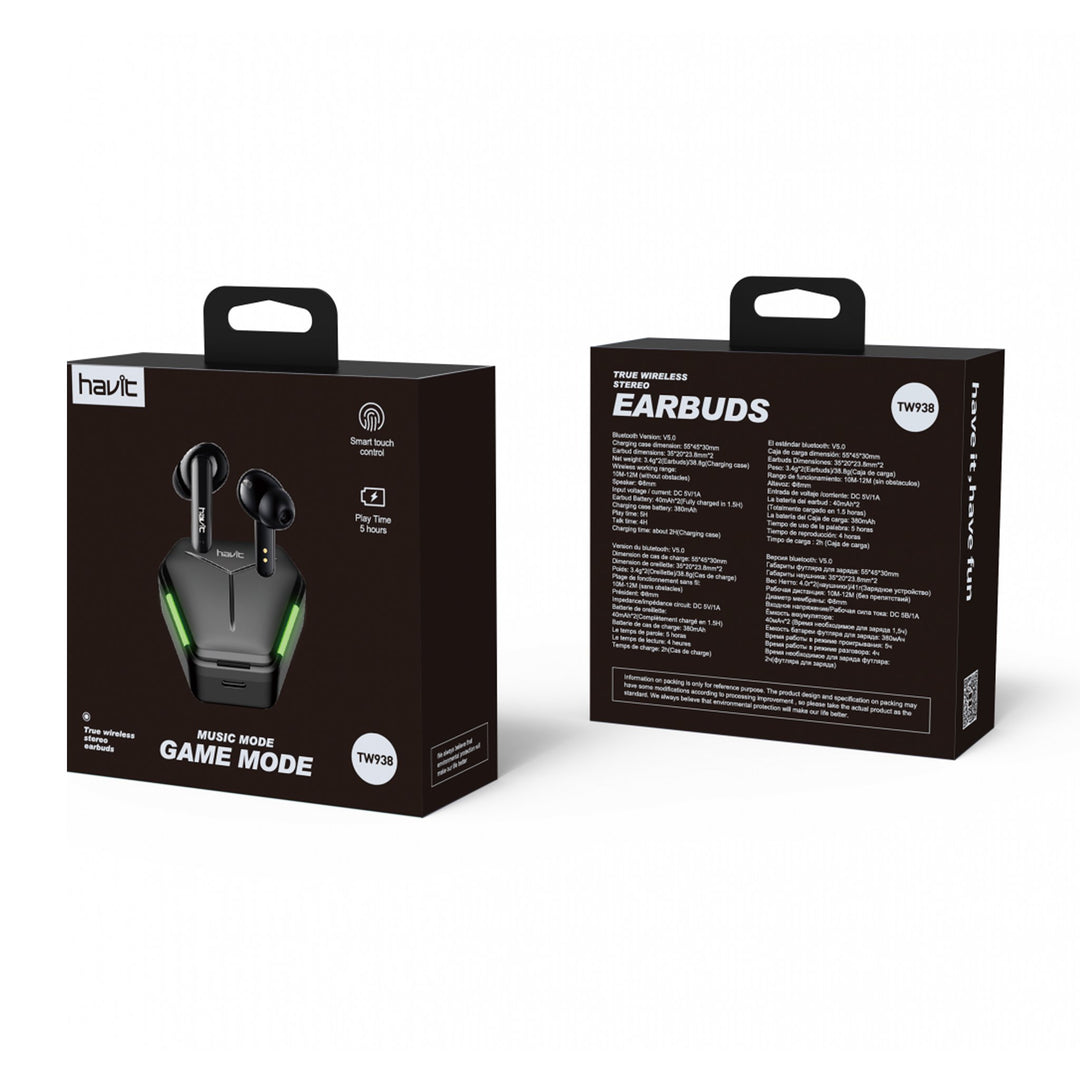 Auriculares Inalámbricos Havit TW938 Bluetooth 5.0 Waterproof IPX5 RGB – Negro y Verde