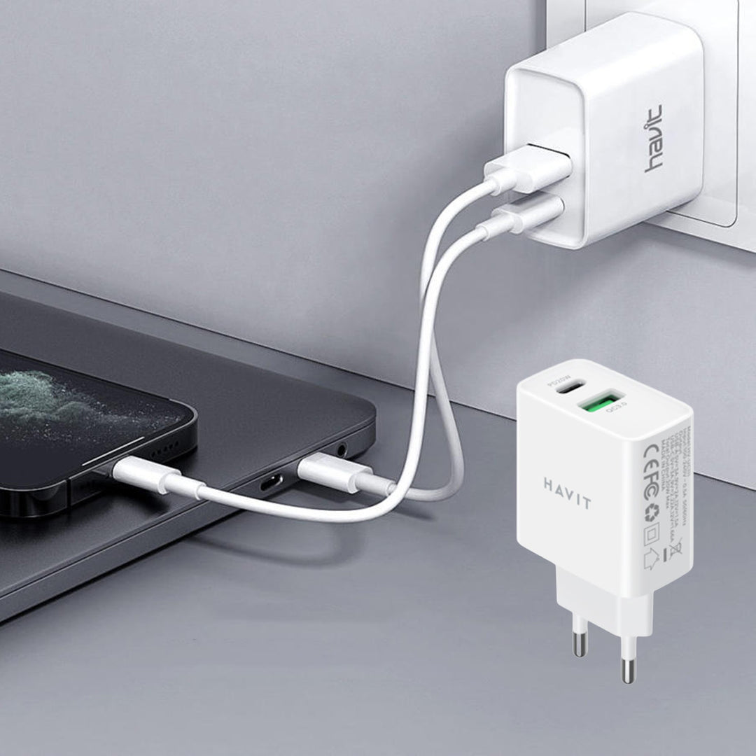 Cargador Havit USB + USB-C 20W 220V Blanco Carga Rápida