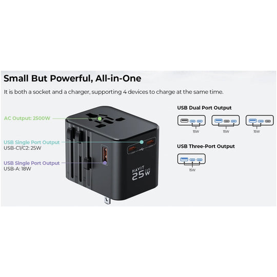 Cargador de Viaje Havit UCT700 25W USB-C PD | Carga Rápida Universal