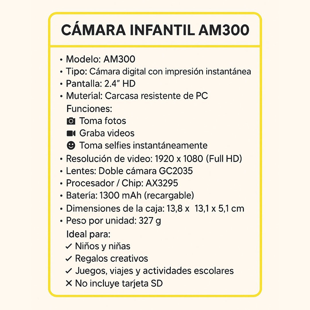 Cámara Infantil con Impresora Instantánea AM300 Full HD