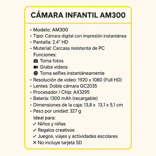 Cámara Infantil con Impresora Instantánea AM300 Full HD