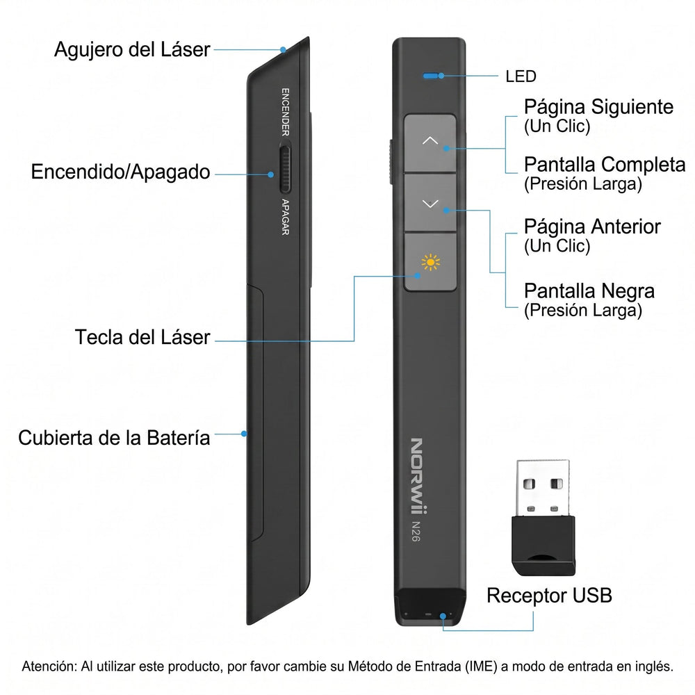 Presentador Inalámbrico N26 con Puntero Láser Rojo 2.4 GHz – 100 m