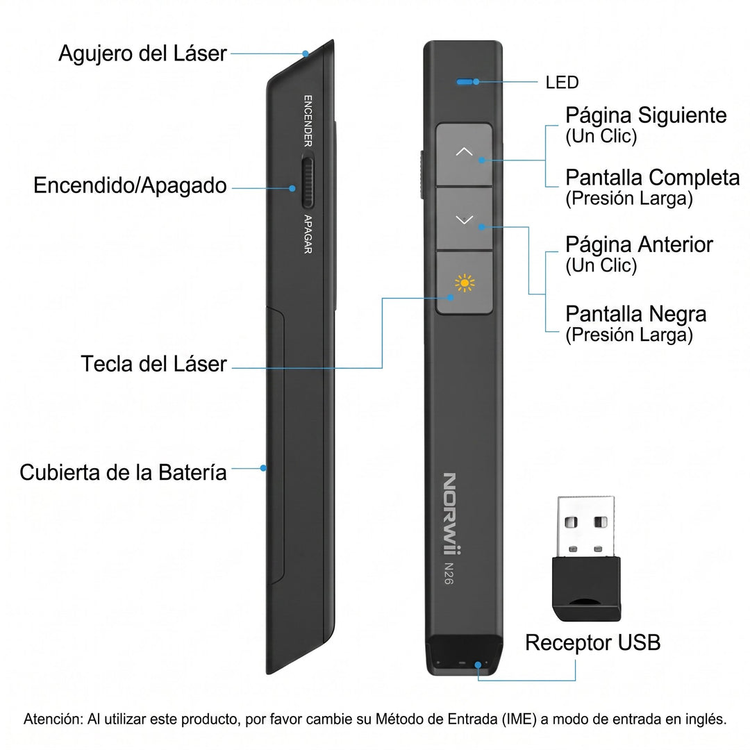 Presentador Inalámbrico N26 con Puntero Láser Rojo 2.4 GHz – 100 m