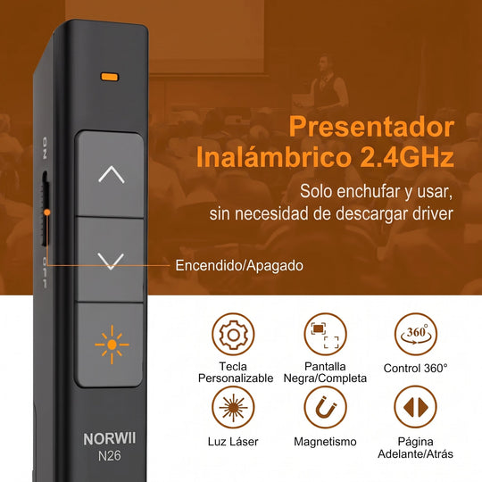 Presentador Inalámbrico N26 con Puntero Láser Rojo 2.4 GHz – 100 m